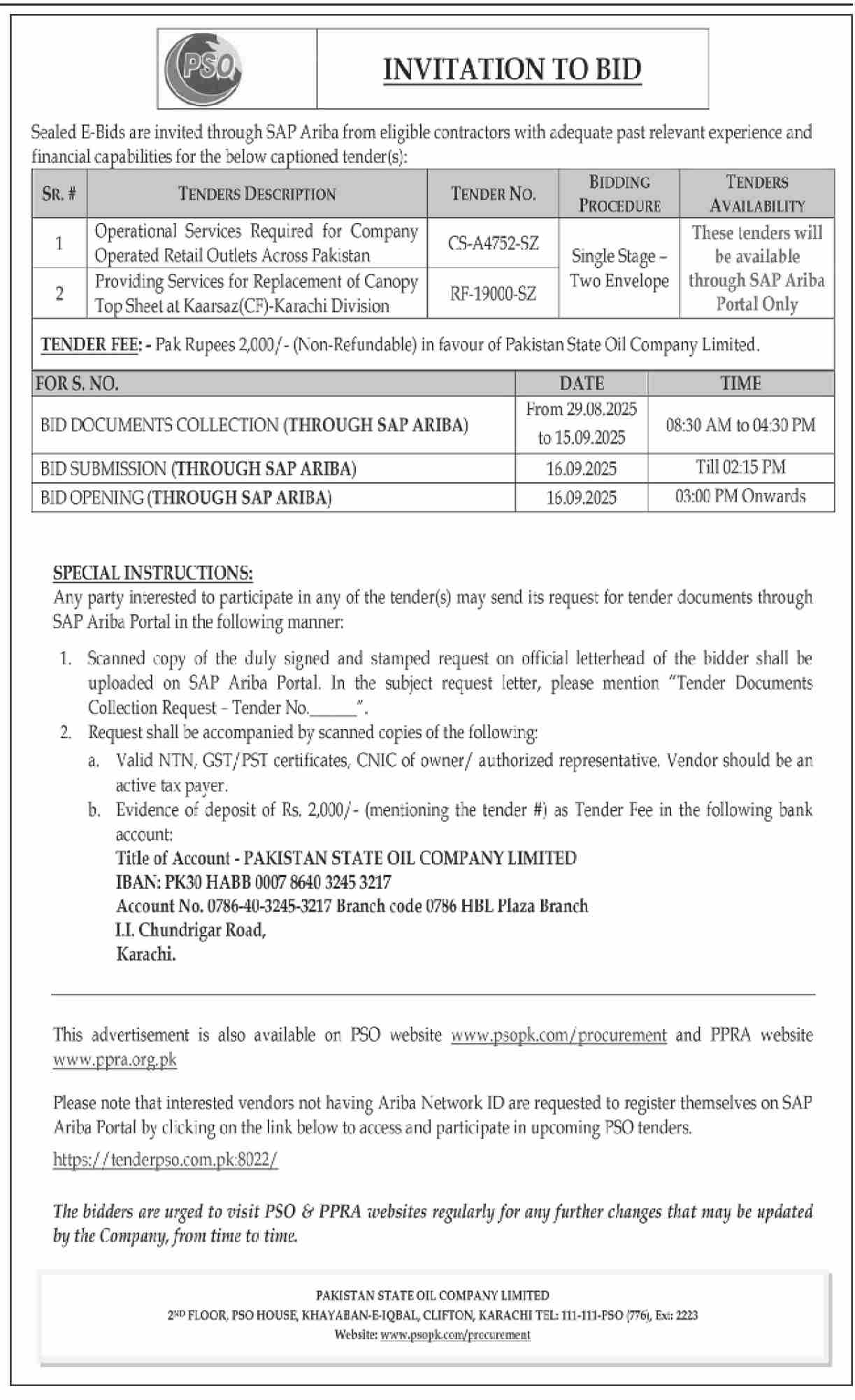 Pakistan State Oil Company Limited Karachi Tender Notice